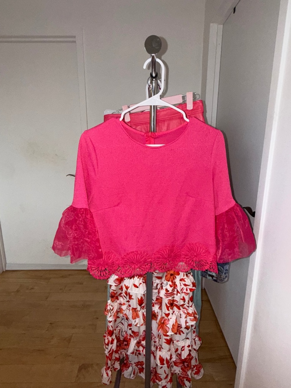 Hot Pink Embroidered Lace Bell Sleeve Top